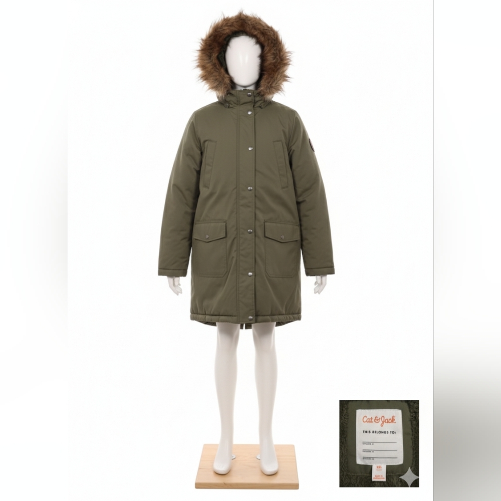 Cat & Jack Olive Green Coat with Faux Fur Hood